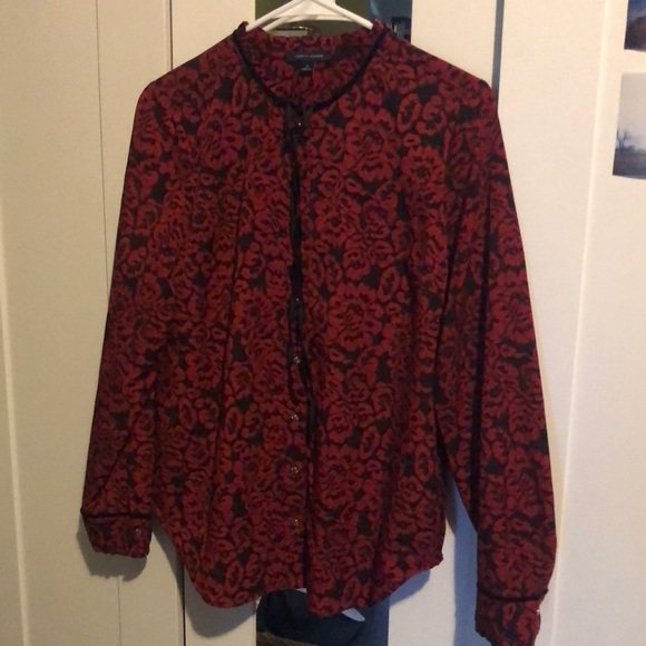 Tommy Hilfiger blouse faux velvet brocade roses ruffled neckline n cuffs M - Picture 1 of 6
